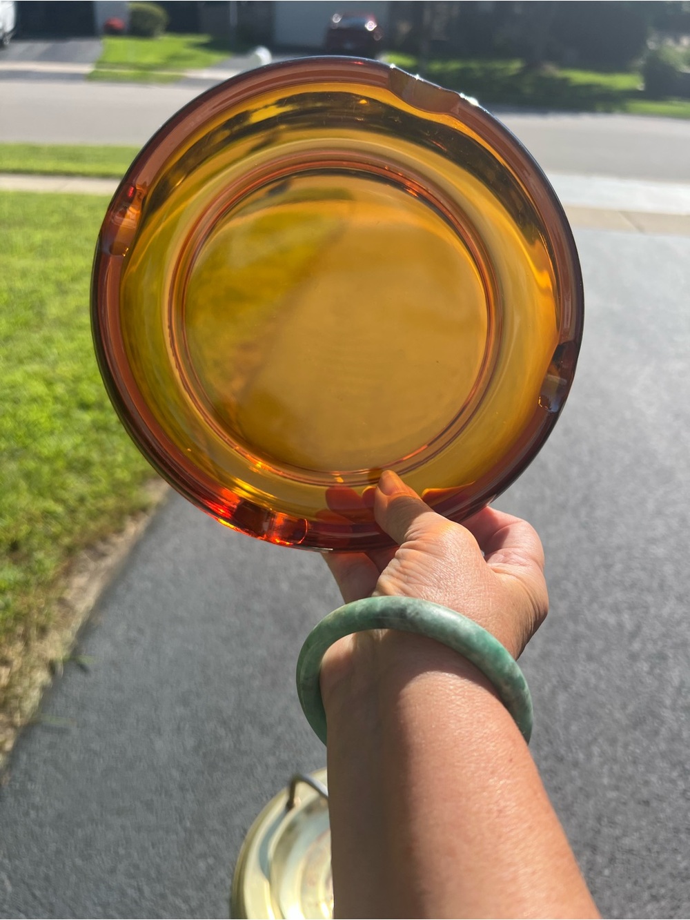 Vintage Metal, Wood & Brass Standing Ashtray with Amber Glass Ashtray - Picture 5 of 6